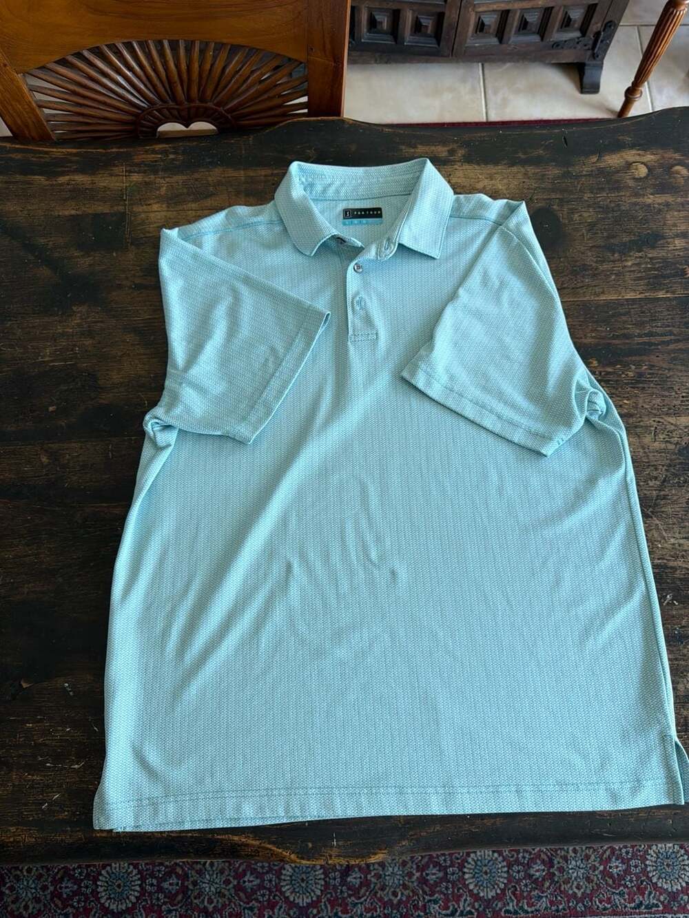 PGA TOUR Men's Performance Micro Geo Short Sleeve Golf Shirt Light Blue Size L